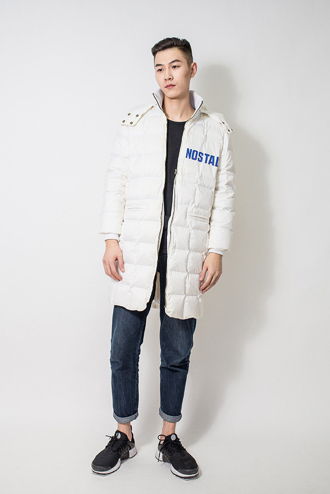 Man's long white down jacket